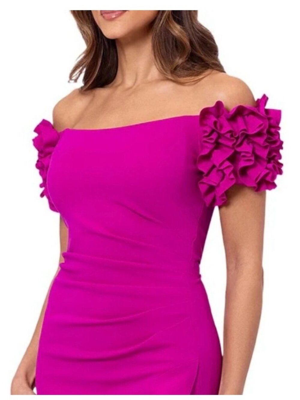 Xscape Ruffled Off-The-Shoulder Scuba Crepe Midi Dress Size 4 New With Tags - Picture 10 of 16